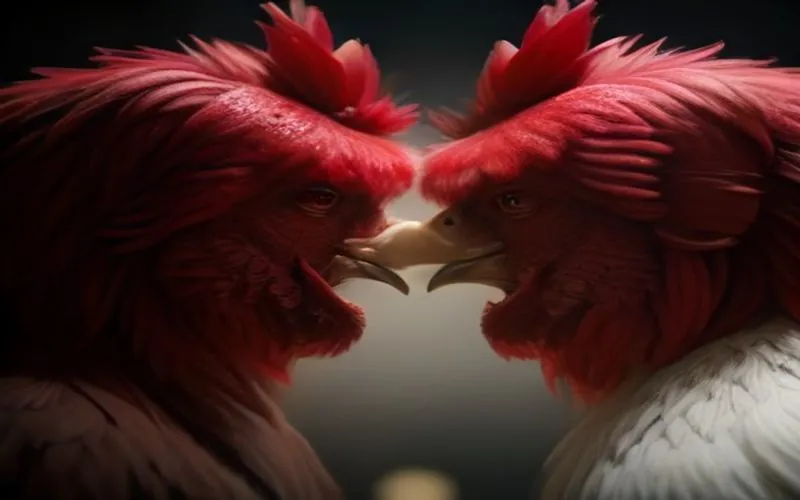 Two roosters facing off in a Philippine cockpit during an asian sabong live match